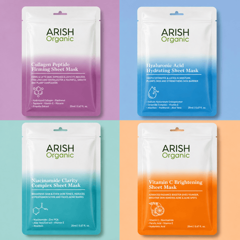 4-in-1 Sheet Mask Combo | Collagen Peptide + Hyaluronic Acid + Niacinamide + Vitamin C | Hydrating, Brightening, Firming & Skin Repair | Pack of 4 (20ml*4) - Arish Bionatural
