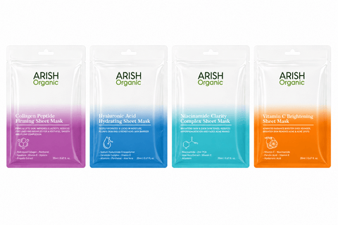 4-in-1 Sheet Mask Combo | Collagen Peptide + Hyaluronic Acid + Niacinamide + Vitamin C | Hydrating, Brightening, Firming & Skin Repair | Pack of 4 (20ml*4) - Arish Bionatural