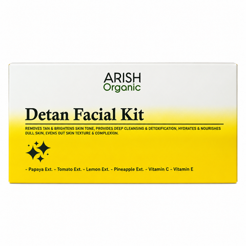 ARISH Organic Detan Facial Kit for Tan Removal & Skin Brightening | 6-Step Facial Kit with Cleansing Milk, Scrub, Gel, Vitamin C Serum, Cream & Face Pack