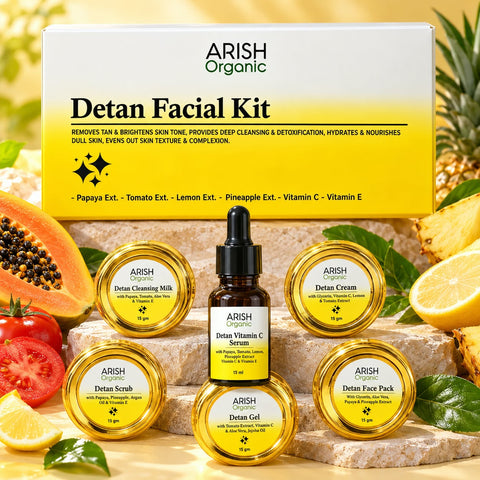 ARISH Organic Detan Facial Kit for Tan Removal & Skin Brightening | 6-Step Facial Kit with Cleansing Milk, Scrub, Gel, Vitamin C Serum, Cream & Face Pack