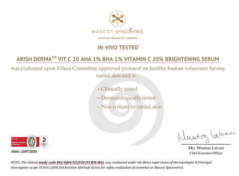 ARISH DERMA AHA 1% BHA 1% Vitamin C 20% Brightening Serum - Arish Bionatural