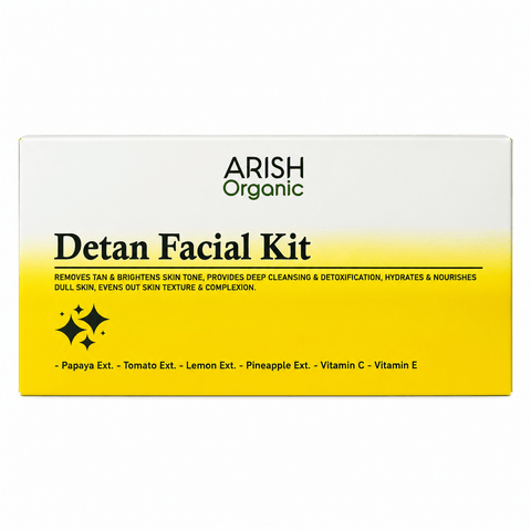 ARISH Organic Detan Facial Kit for Tan Removal & Skin Brightening | 6-Step Facial Kit with Cleansing Milk, Scrub, Gel, Vitamin C Serum, Cream & Face Pack - Arish Bionatural