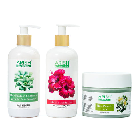 Hair Damage Repair Combo | Milk Protein Shampoo+Silk Hair Conditioner+Hair Protein Pack - Arish Bionatural